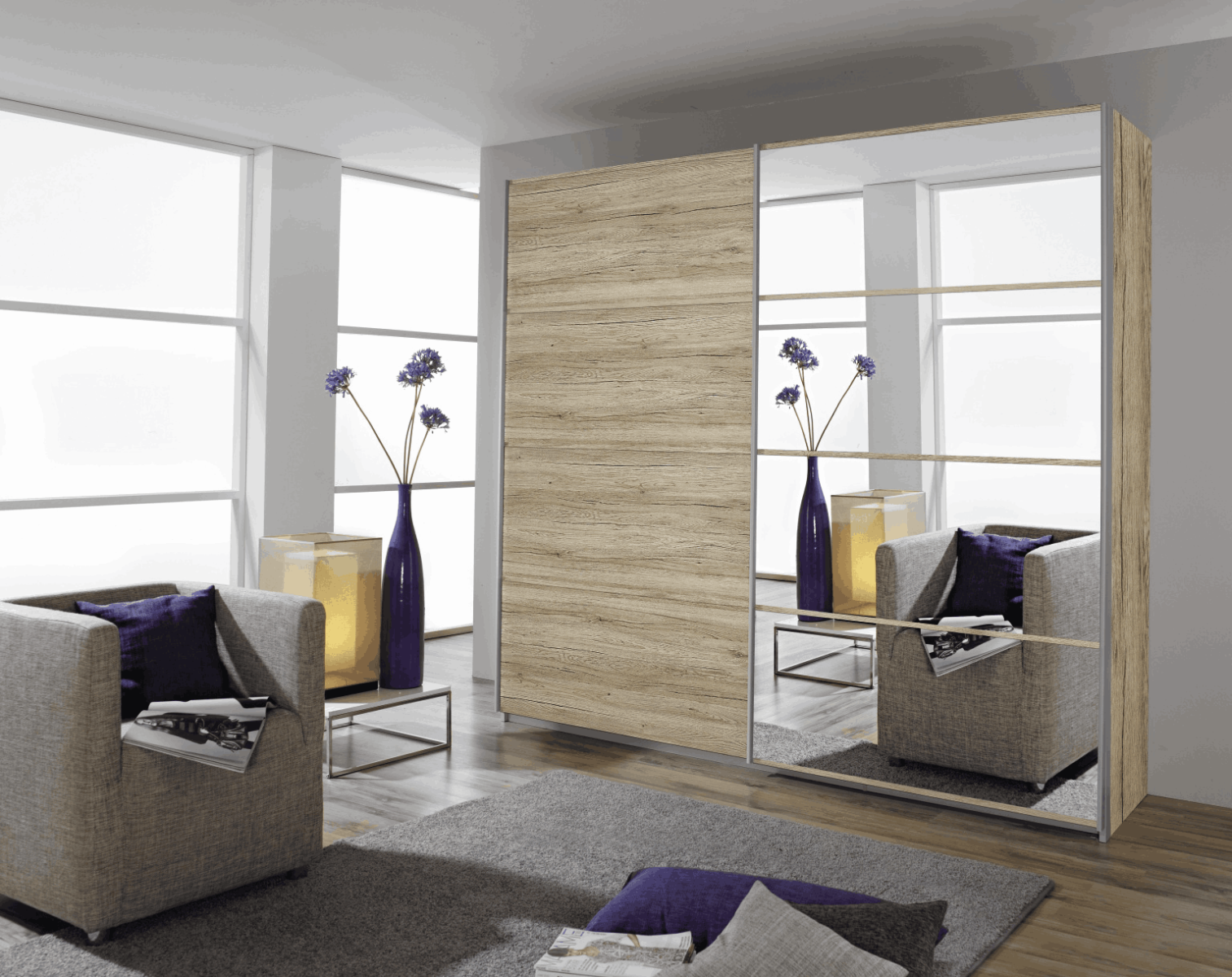 Oakwood Rauch Quadra 2 Gliding Door Wardrobe With Sanremo Oak Light And Mirror Front