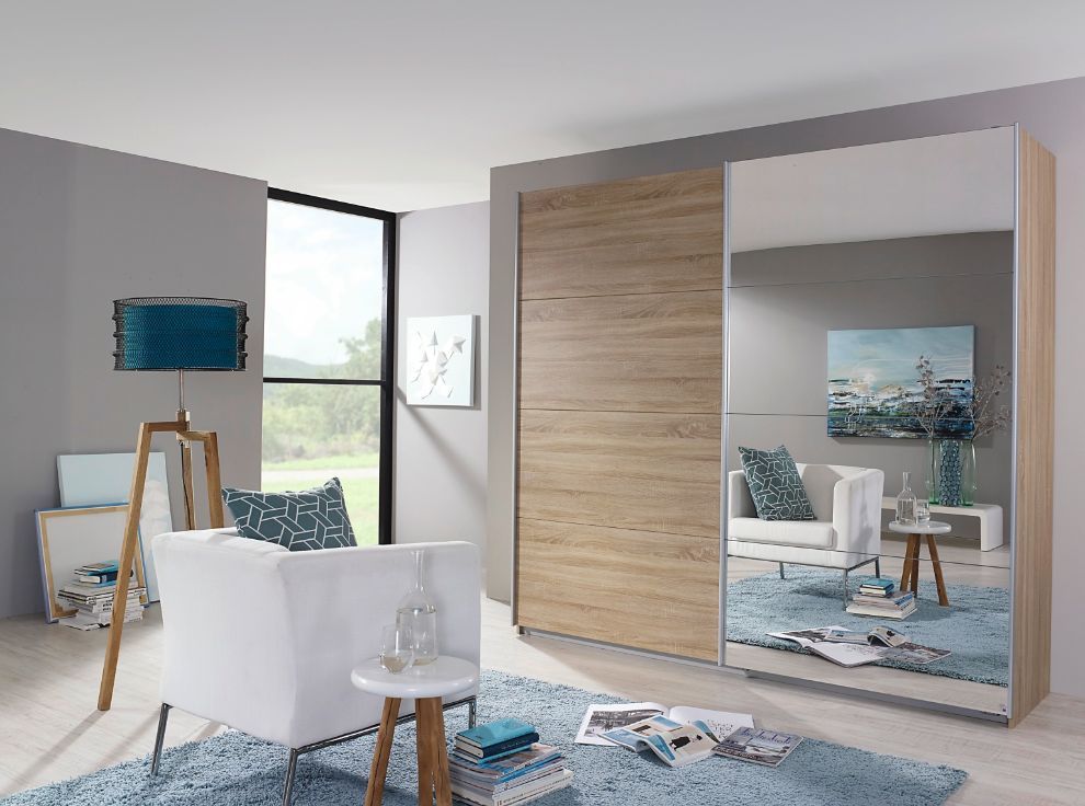 Oakwood Rauch Quadra 2 Gliding Door Wardrobe With Sanremo Oak Light And Mirror Front