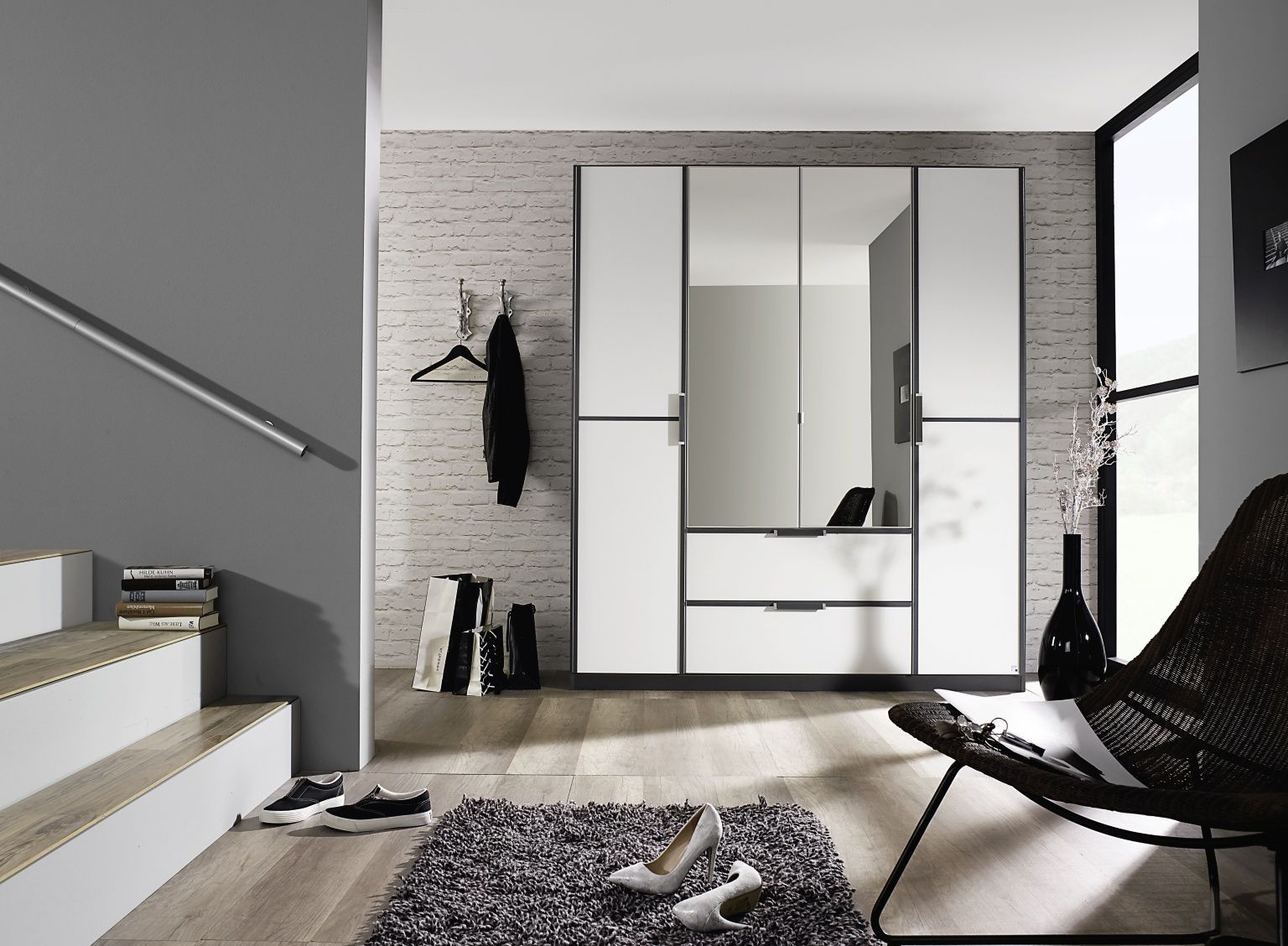 Oakwood Rauch Essensa White Glass Front Combi Hinged Door Wardrobe
