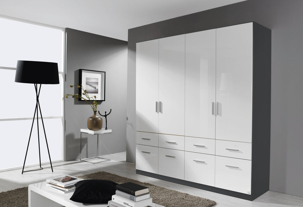 Oakwood Rauch Celle Metallic Grey and High Polish white  Front 4 Door Hinged combi Wardrobe