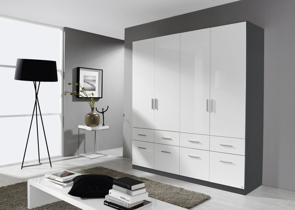 Oakwood Rauch Celle Metallic Grey and High Polish white  Front 4 Door Hinged combi Wardrobe