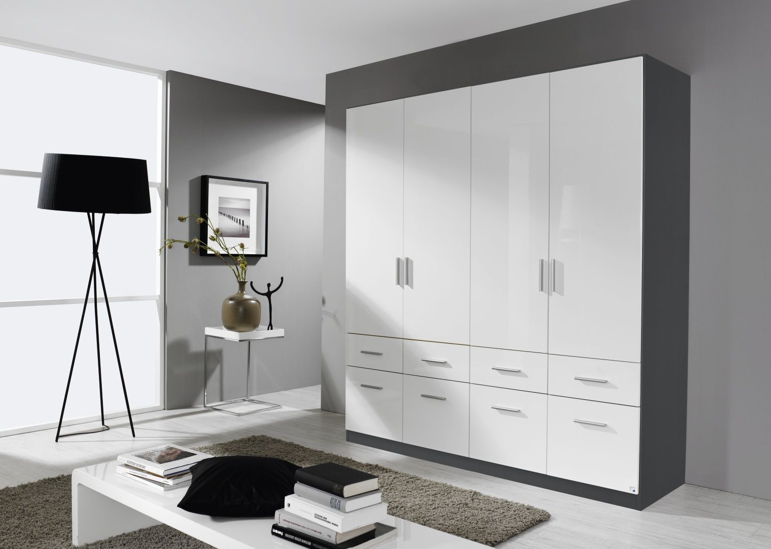 Oakwood Rauch Celle Metallic Grey and High Polish white  Front 4 Door Hinged combi Wardrobe