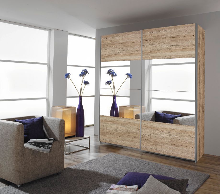 Oakwood Rauch Quadra 2 Gliding Door Wardrobe With Sanremo Oak Light And Mirror Front