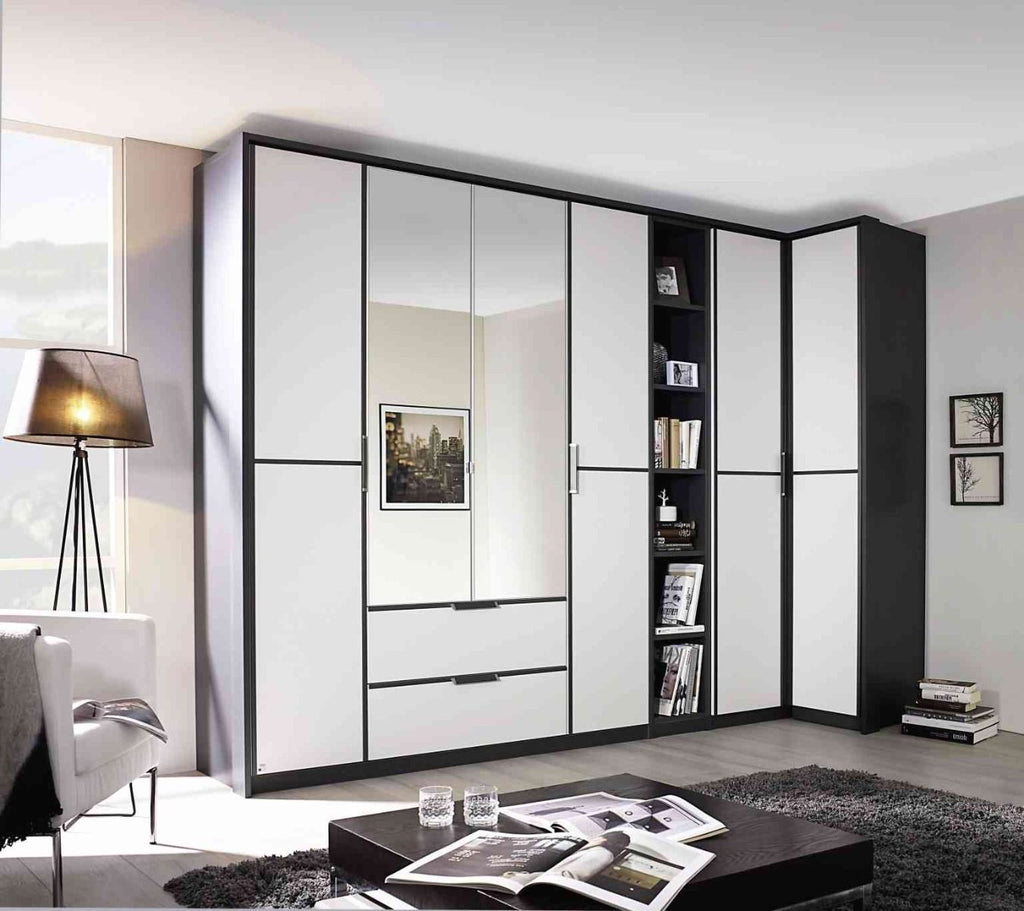 Oakwood Rauch Essensa White Glass Front and Metallic Grey Corner Wardrobe