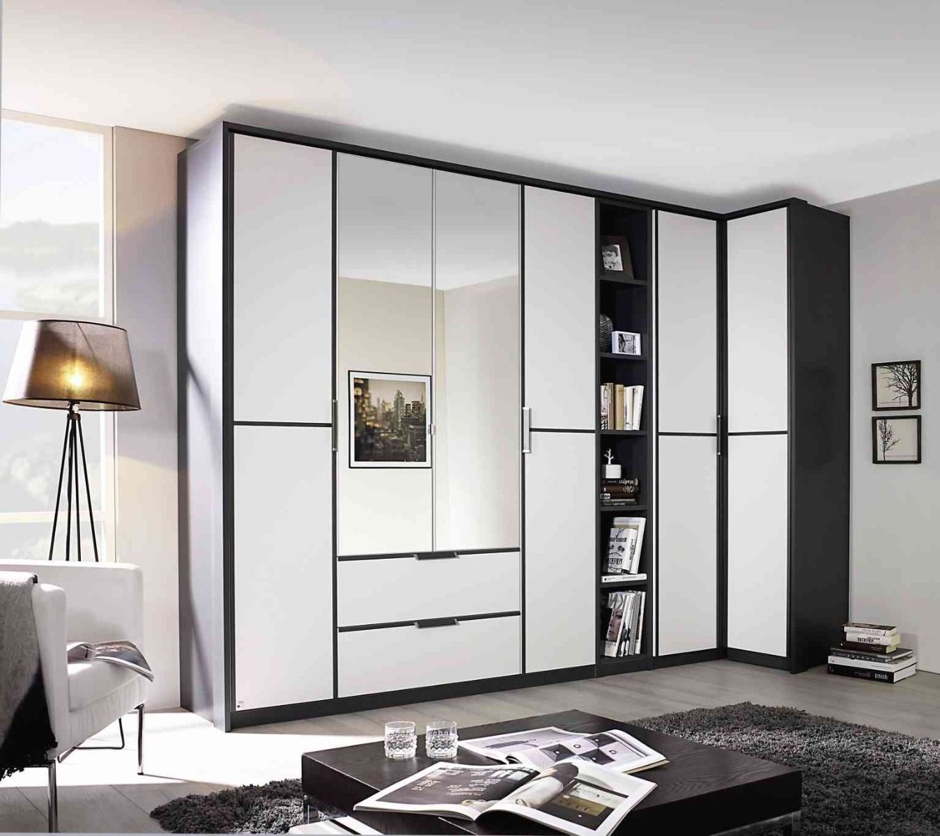 Oakwood Rauch Essensa White Glass Front and Metallic Grey Corner Wardrobe