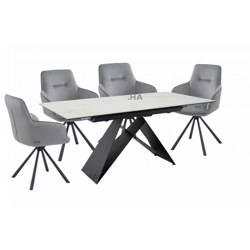 Oakwood Serena Ceramic pop Up Ext Dining Table With Nicole Swivel Dining Chairs