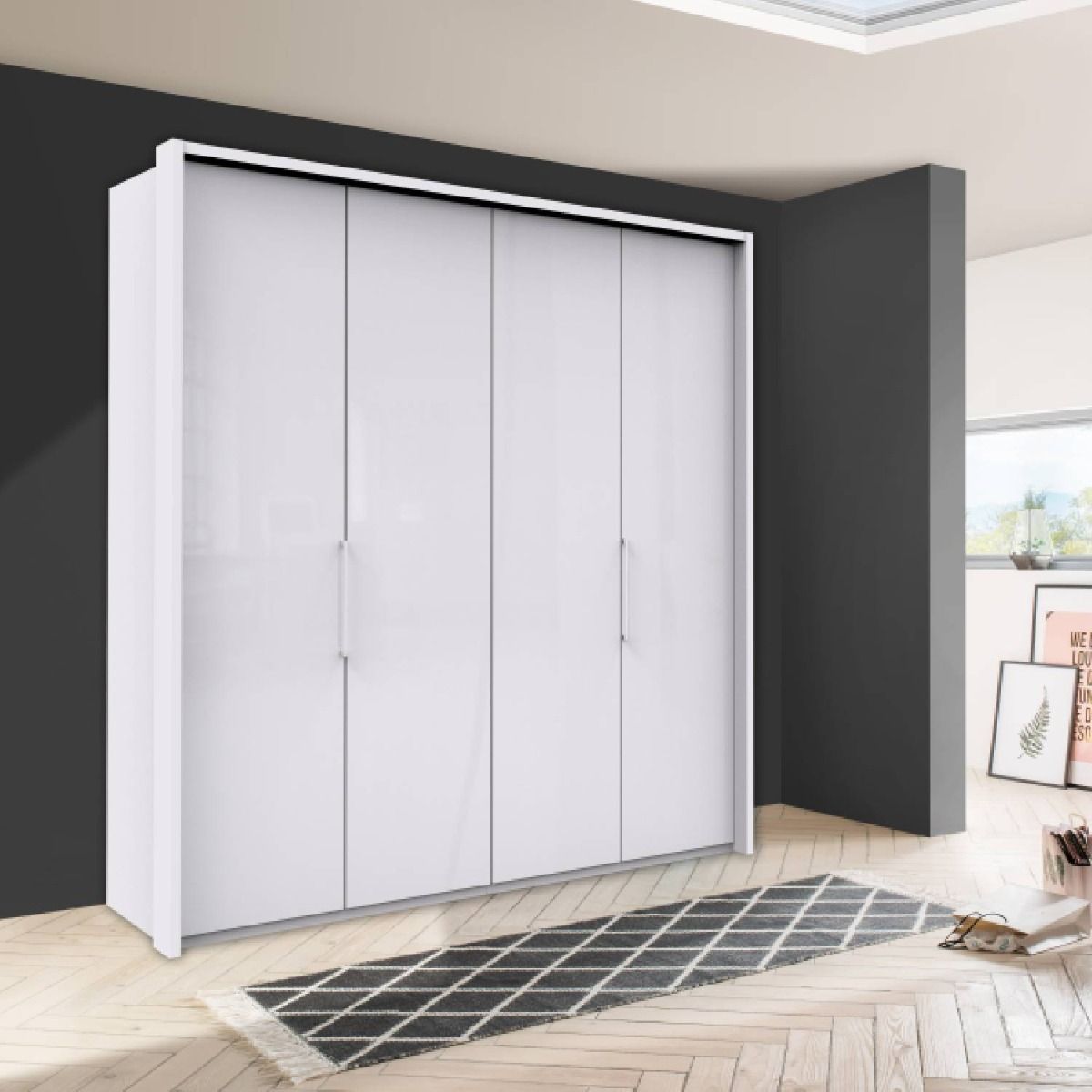 Oakwood Wiemann Kansas White Glass 4 Door Wardrobe with Bi-Folding Automatic Doors