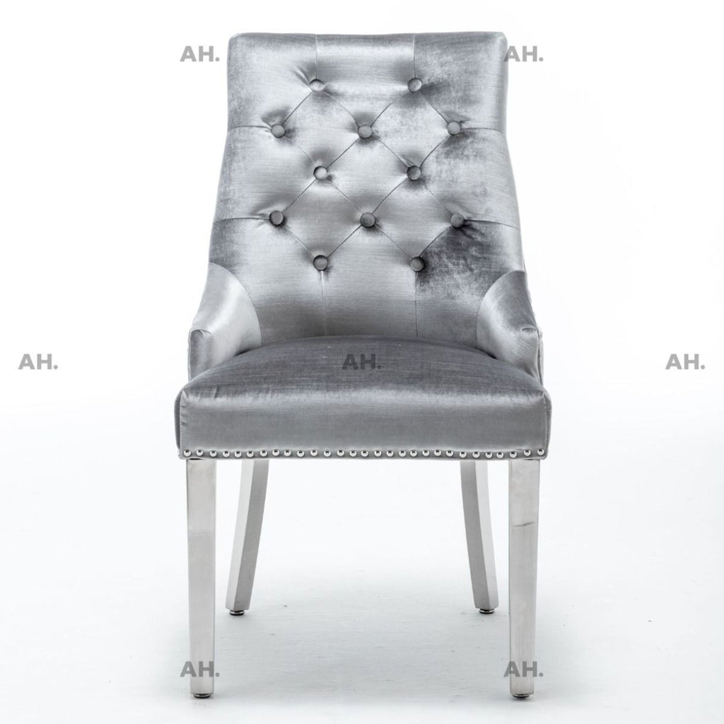 Oakwood Oracle 130cm Round Grey Marble Dining Table & 4 Knightsbridge Silvery Grey Ring Knocker Chairs