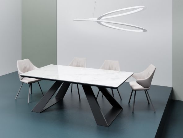 Oakwood Merlino Ceramic Grey Marble Pop Up Ext Dining Table With Zola Dining Chairs