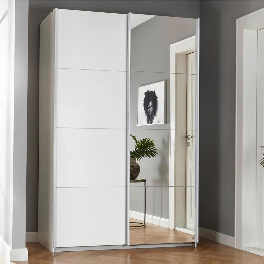 Oakwood Rauch Luma 136cm 2 Door Sliding Wardrobe with 1 Decor Door and 1 Mirror Door