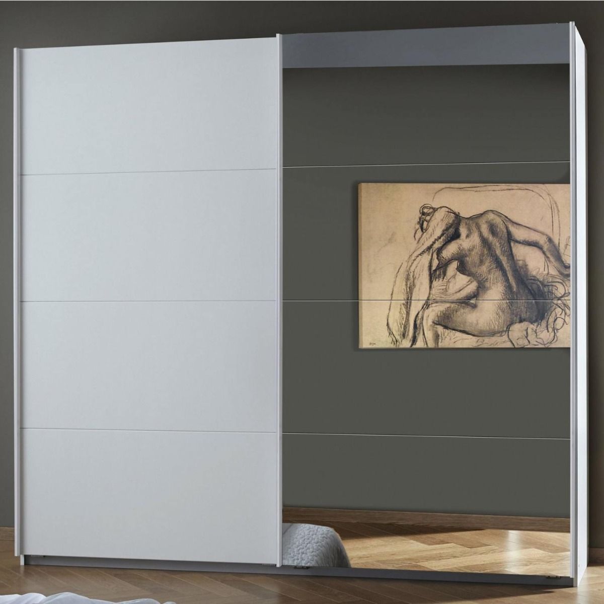 Oakwood Rauch Luma 226cm 2 Door Sliding Wardrobe with 1 Decor Door and 1 Mirror Door