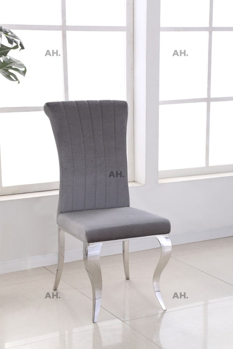 Oakwood Liyana Grey Dining Chairs Chrome Carved Legs