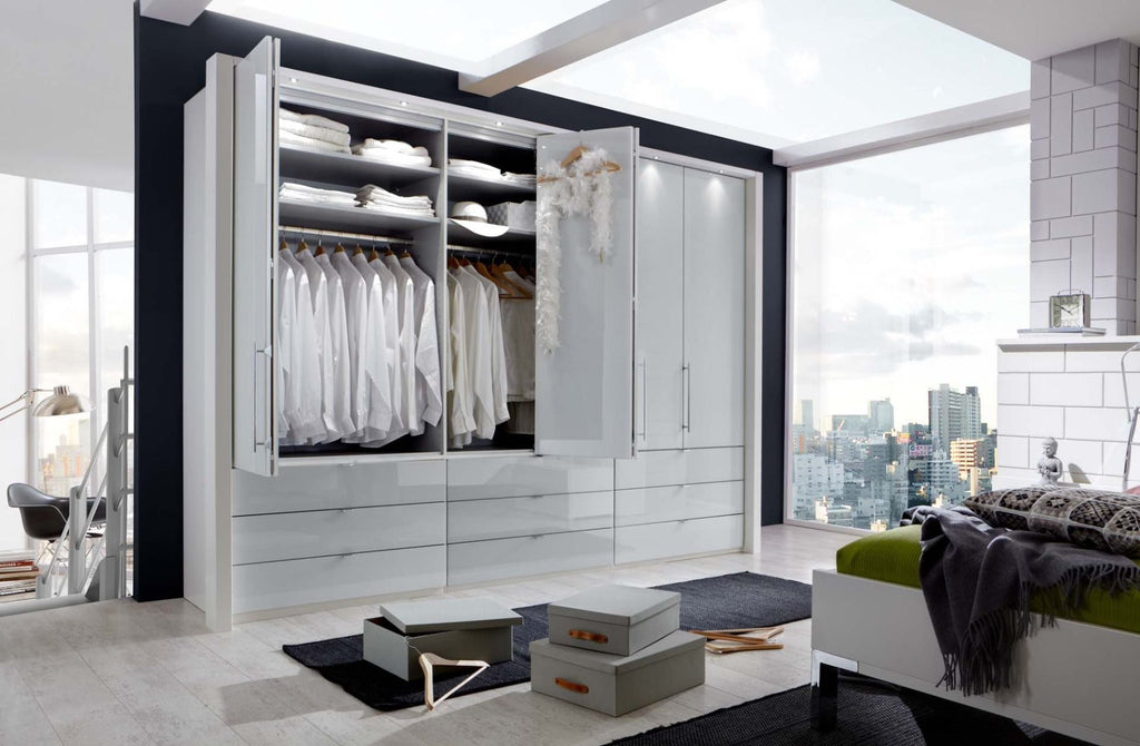 Oakwood Wiemann Loft White Glass Front 300CM Bi-Folding Doors 9 Drawer Wardrobe