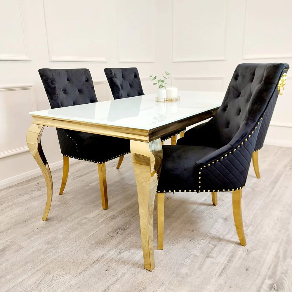Oakwood Louis 1.8m Gold Dining Table Set with White Glass Top