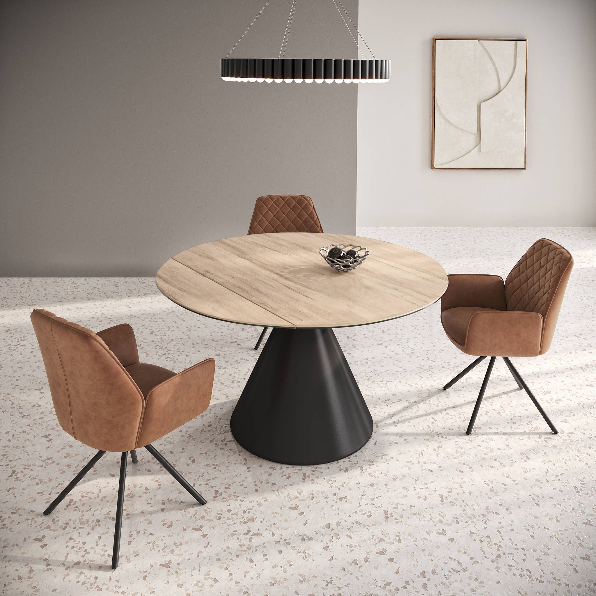Oakwood Alessio Oak Effect Ceramic Extending Round Dining Table with 4 Lina Chairs