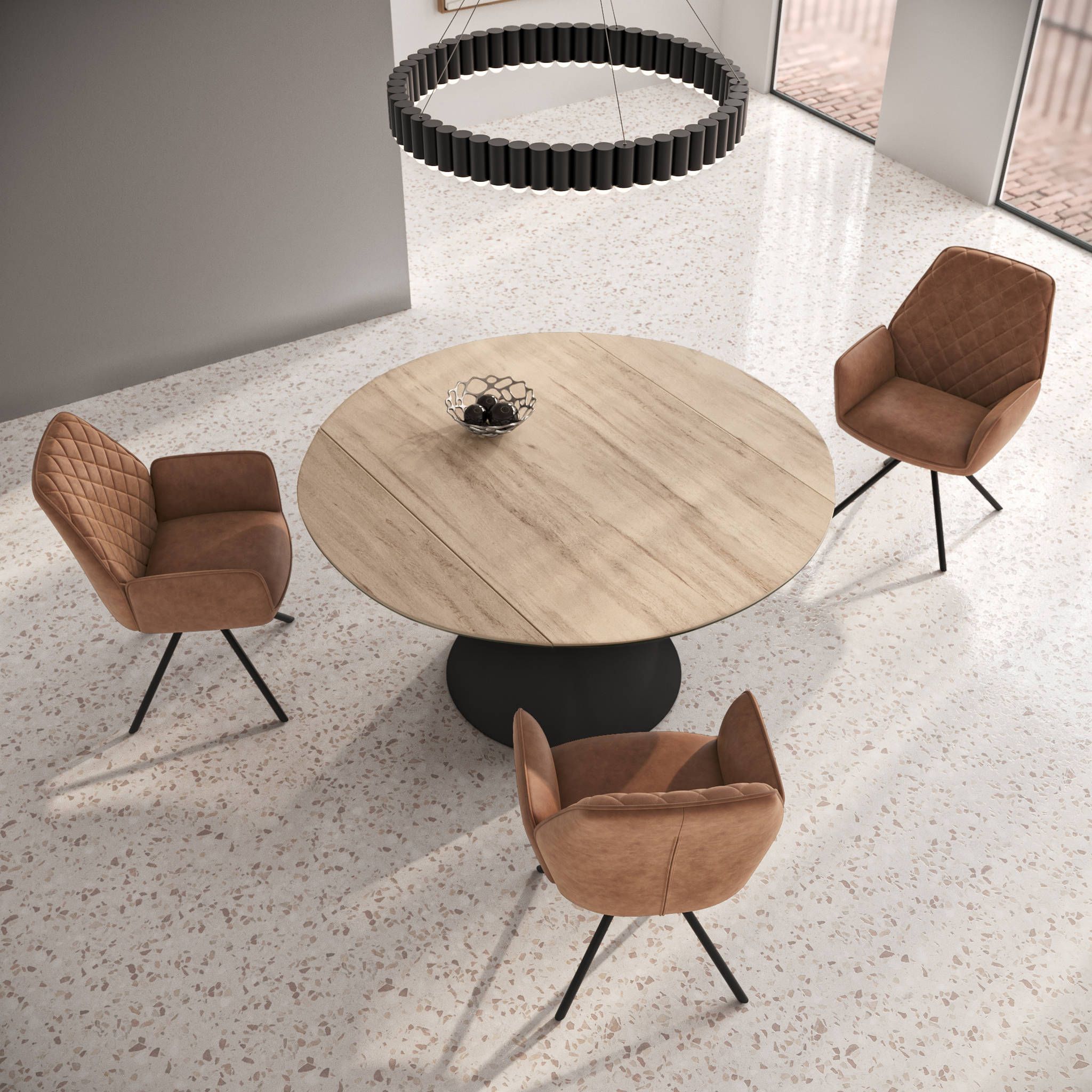 Oakwood Alessio Oak Effect Ceramic Extending Round Dining Table with 4 Lina Chairs