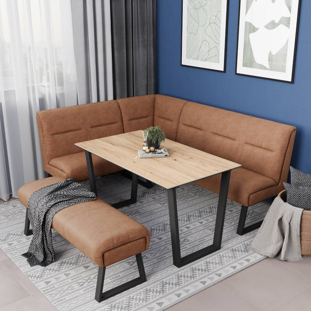 Oakwood Cerutti Oak Effect Ceramic Dining Table with Tan Corner Bench and Dining Chairs Set