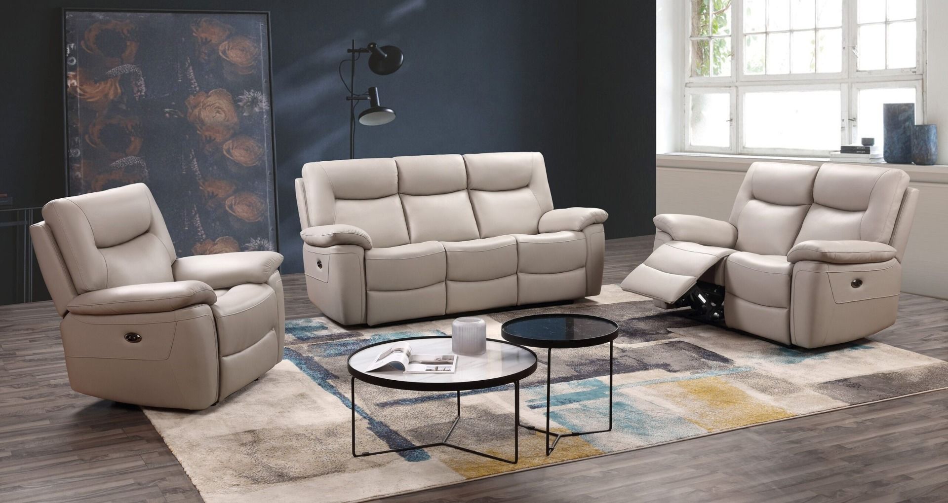 Oakwood Lucie 2 Seater Pearl Grey Leather Power Recliner Sofa