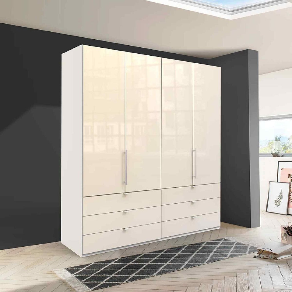 Oakwood Wiemann Loft Magnolia Glass Front 2M Bi-Folding Doors Wardrobe With Drawers