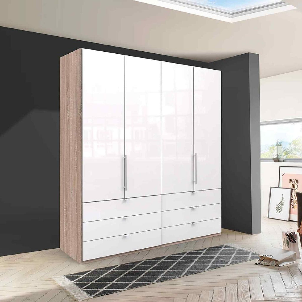 Oakwood Wiemann Loft White Glass Front 200CM Bi-Folding Doors Wardrobe With Drawers