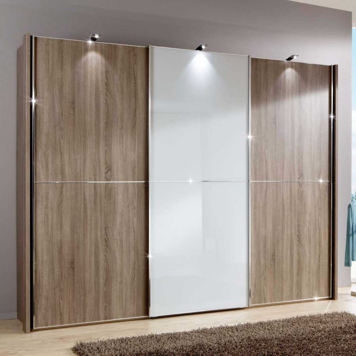 Oakwood Wiemann Miami2 Dark Rustic Oak And Glass 3 Door Sliding Wardrobe 217CM Tall