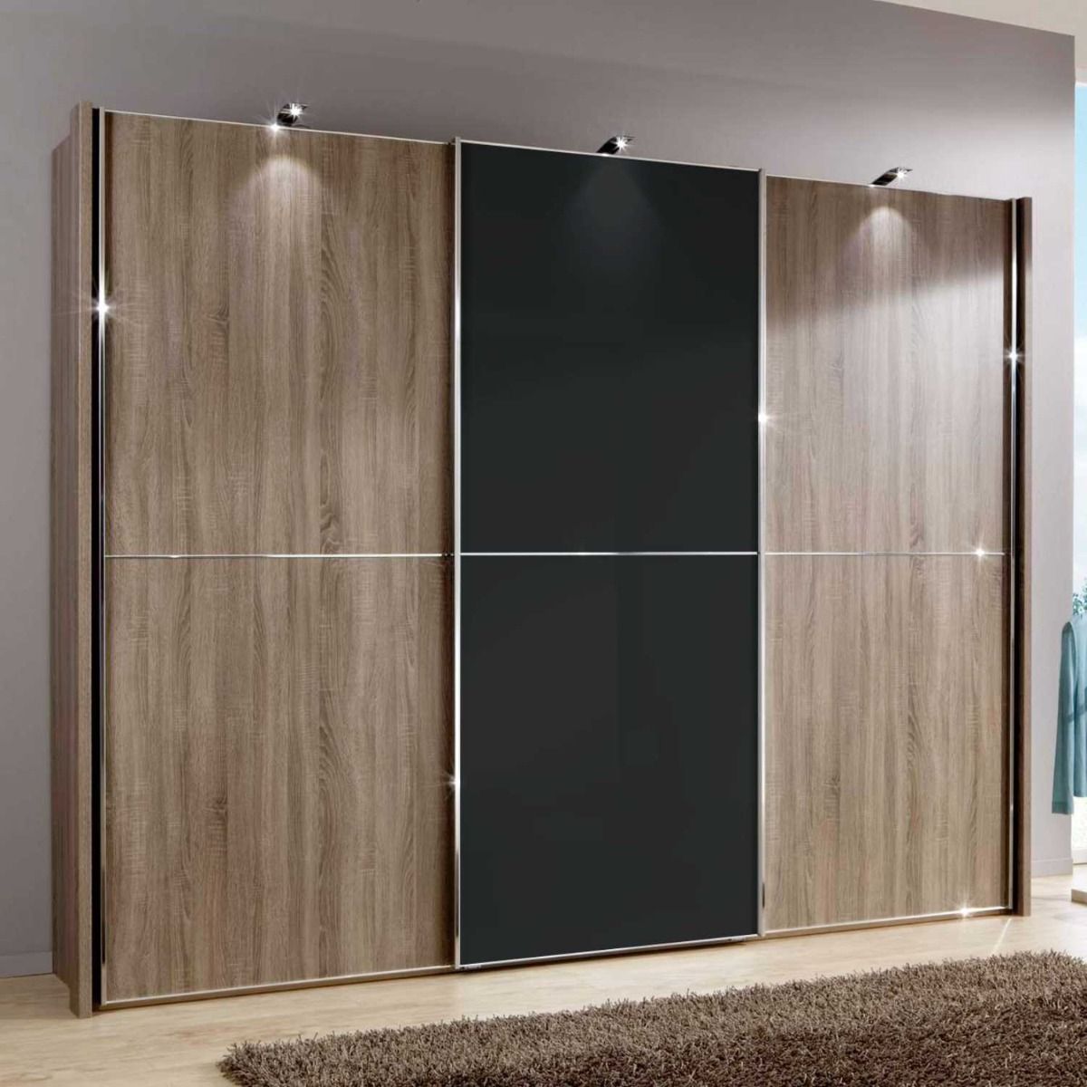 Oakwood Wiemann Miami2 Dark Rustic Oak And Glass 3 Door Sliding Wardrobe 217CM Tall