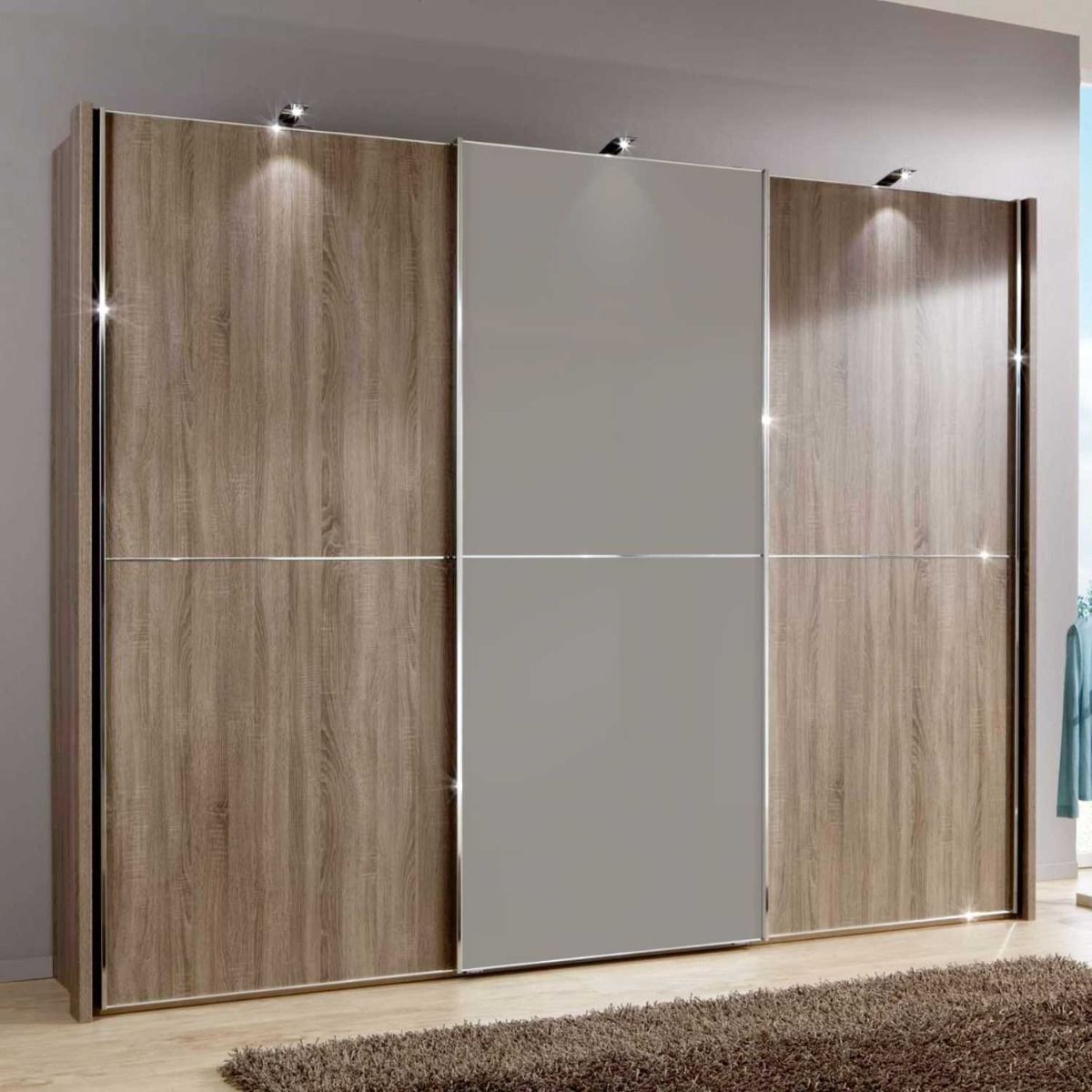 Oakwood Wiemann Miami2 Dark Rustic Oak And Glass 3 Door Sliding Wardrobe 217CM Tall