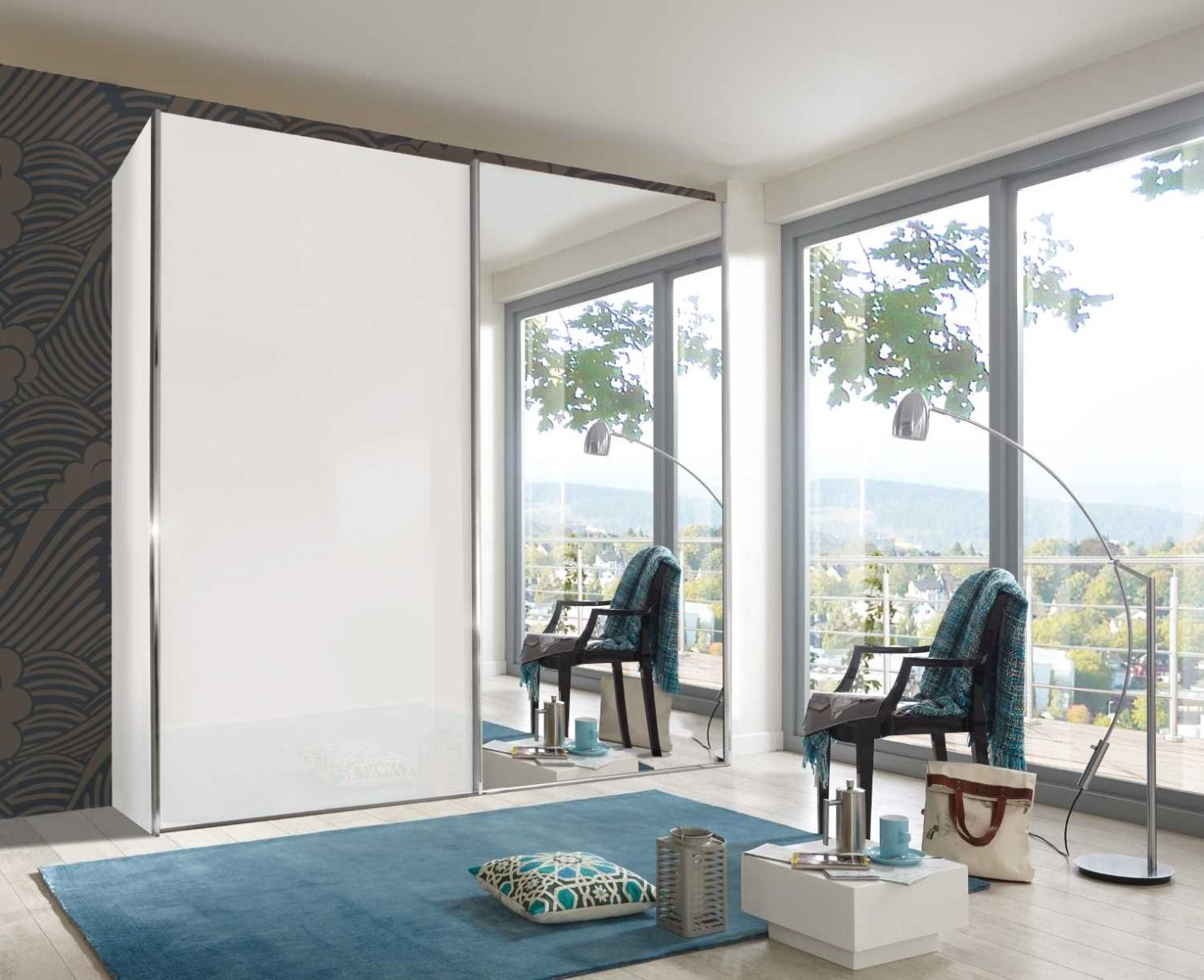 Oakwood Wiemann Miami Plus White Glass 2 Door Sliding Wardrobe With Mirror