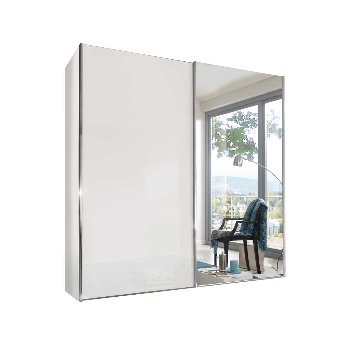 Oakwood Wiemann Miami Plus White Glass 2 Door Sliding Wardrobe With Mirror