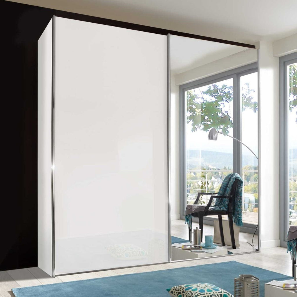 Oakwood Wiemann Miami Plus White Glass 2 Door Sliding Wardrobe With Mirror
