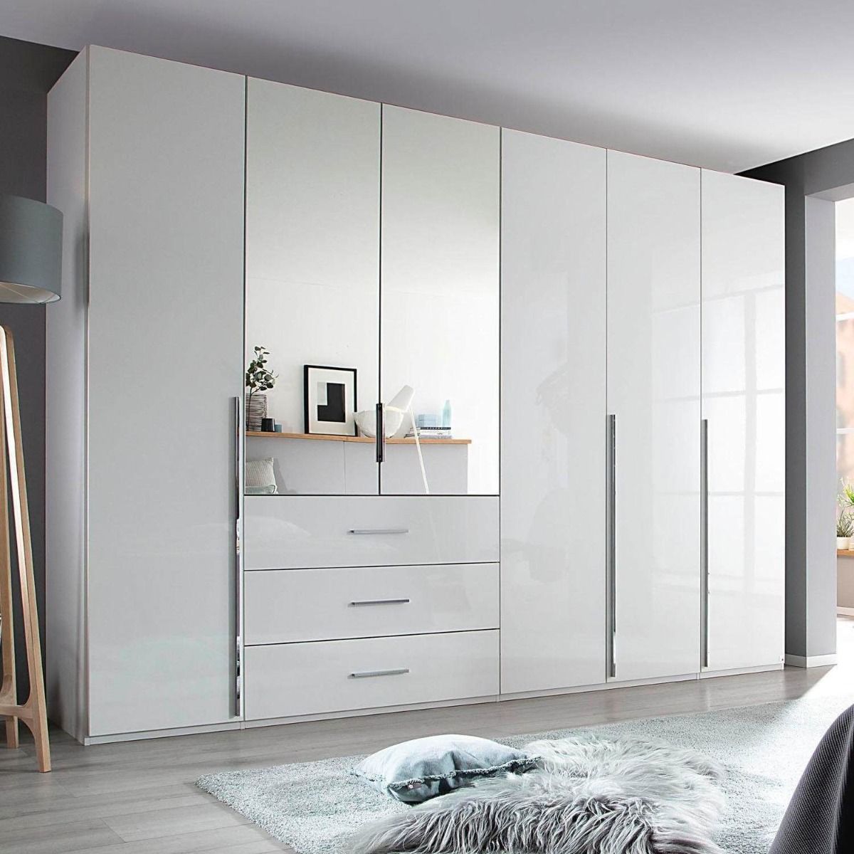 Oakwood Rauch Montclar 6 Door Hinged Combi High Gloss White Wardrobe with Premium Interior