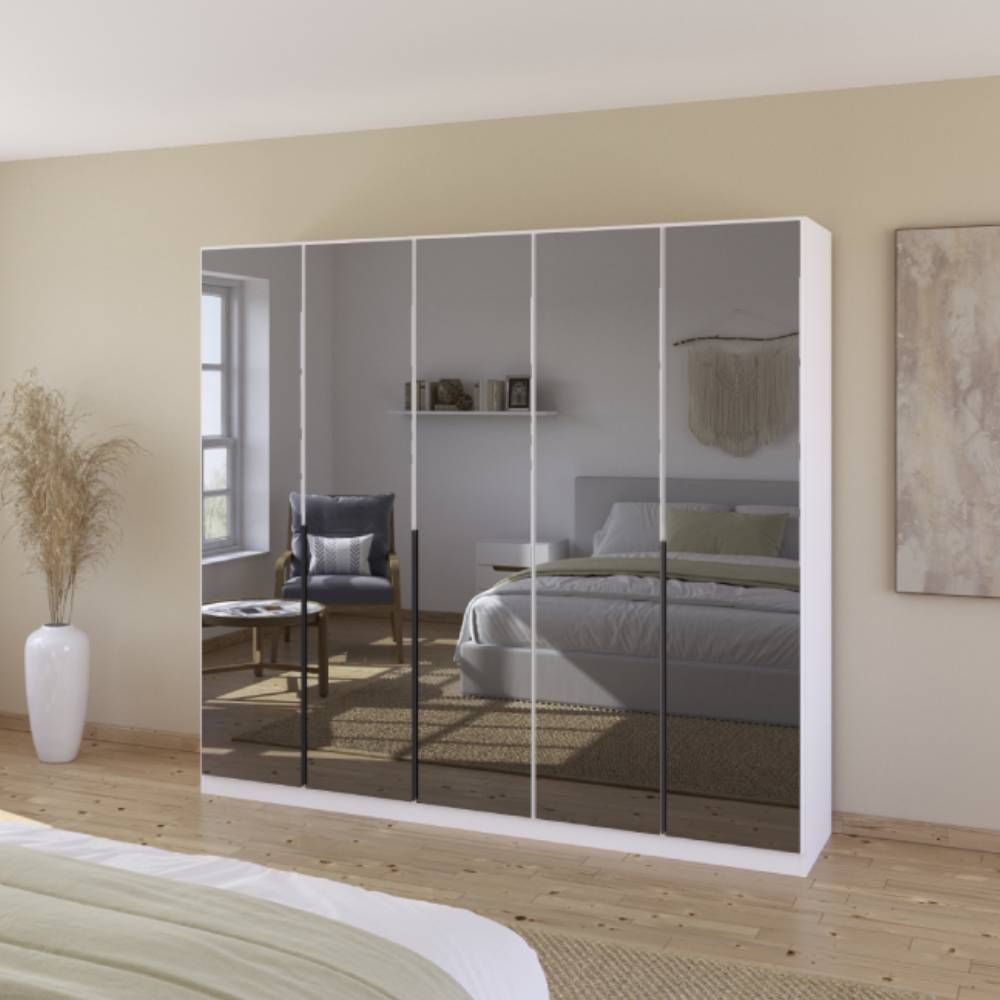 Oakwood Rauch Skyla Alpine White 5 Hinged Door Wardrobe with Full Grey Mirror Front