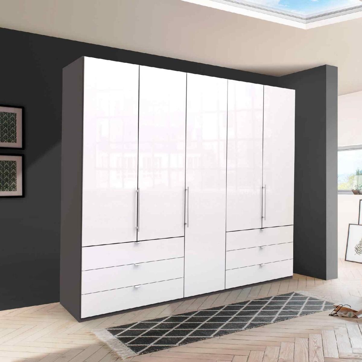 Oakwood Wiemann Loft White Glass Front 250CM Bi-Folding Doors Wardrobe With Drawers