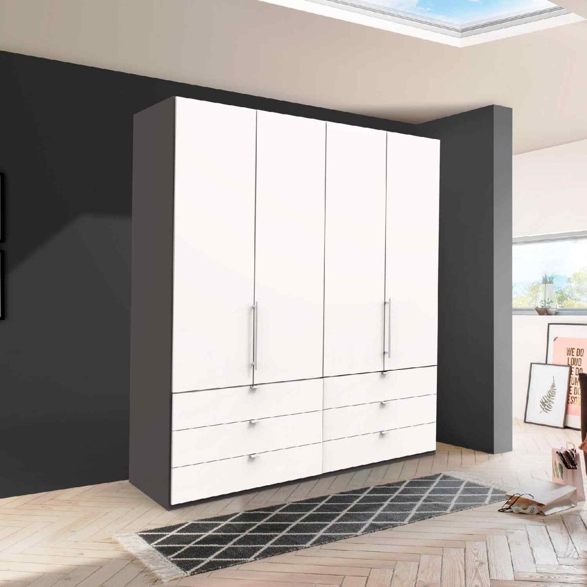 Oakwood Wiemann Loft White Glass Front 200CM Bi-Folding Doors Wardrobe With Drawers