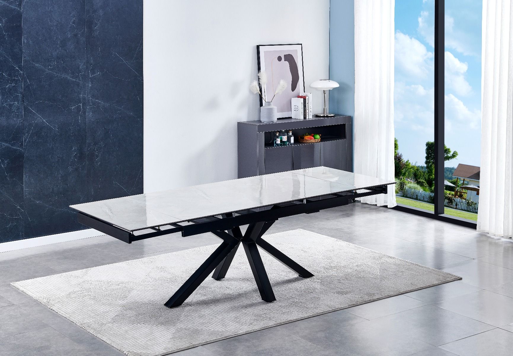 Oakwood Phoenix Ceramic Grey Marble Top Ext Dining Table