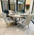Oakwood Oracle 130cm Round Grey Marble Dining Table & 4 Lewis Silvery Grey Lion Knocker Chairs