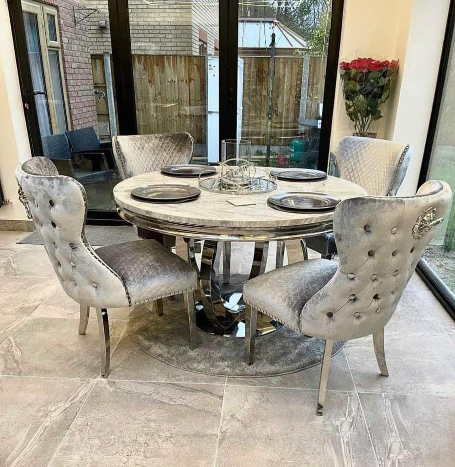 Oakwood Oracle 130cm Round Grey Marble Dining Table & 4 Lewis Silvery Grey Lion Knocker Chairs