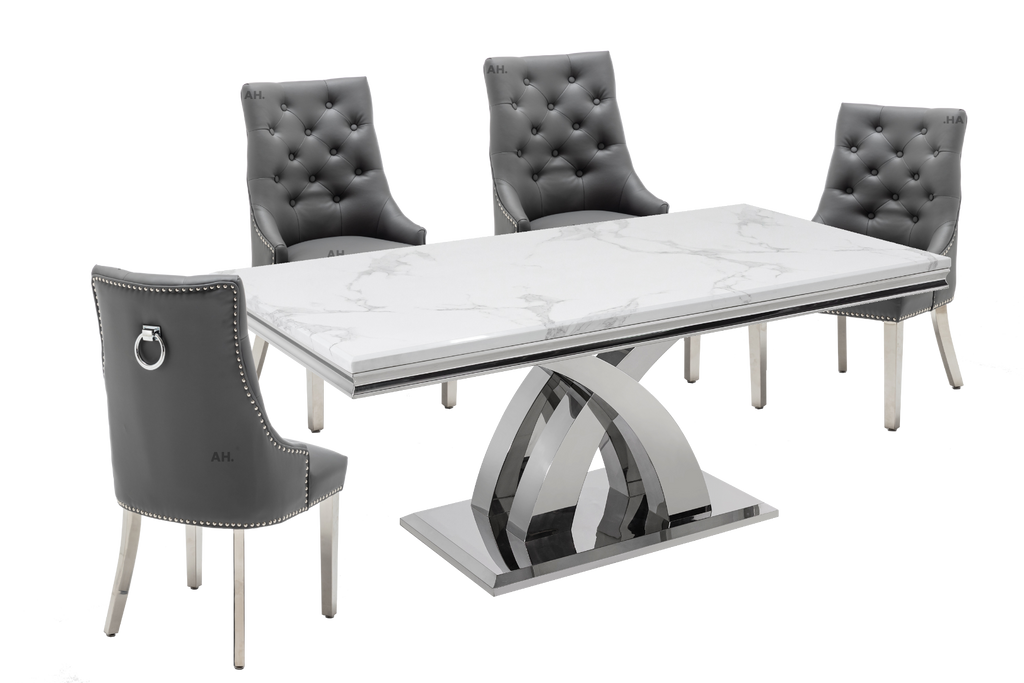 Oakwood Ottavia 1.8M White Marble Dining Table with Edmundson Round Knockerback Dining Chairs