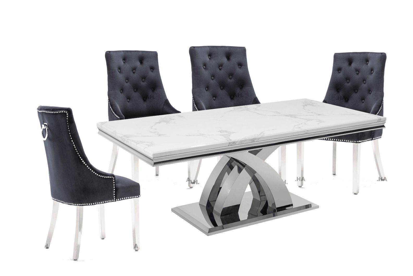 Oakwood Ottavia 1.8M White Marble Dining Table with 6 Ring Knockerback Dining Chairs
