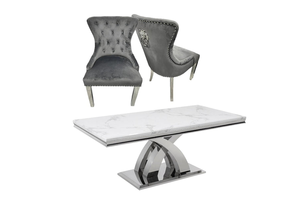 Oakwood Ottavia 1.8M White Marble Dining Table with Windsor Lion Knockerback Dining Chairs