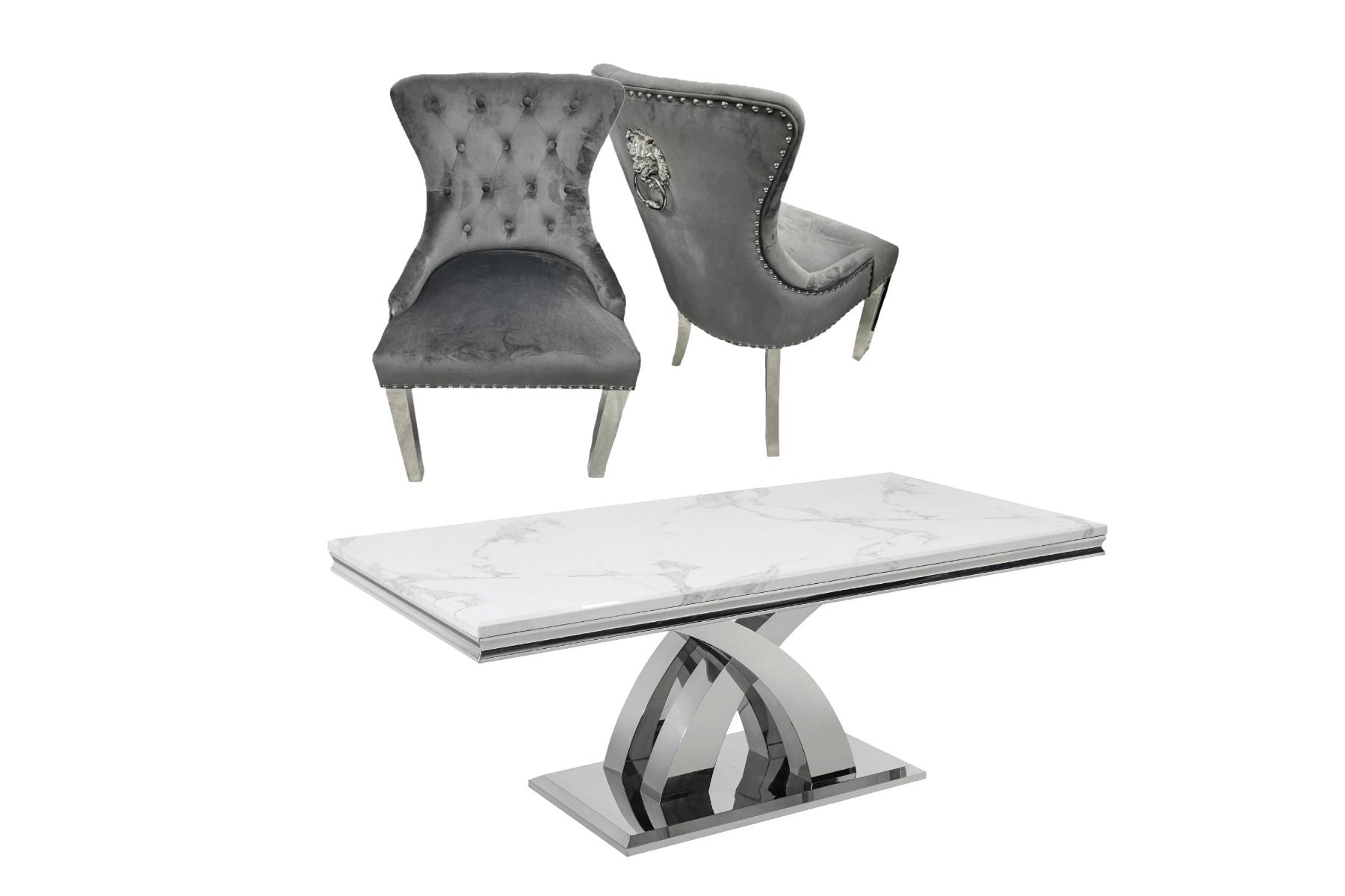 Oakwood Ottavia 1.8M White Marble Dining Table with Windsor Lion Knockerback Dining Chairs