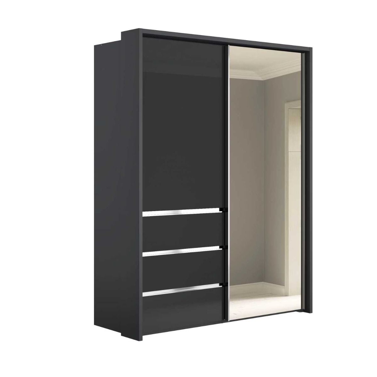 Oakwood Wiemann Pacific 175cm 2 Graphite Glass Doors Sliding Wardrobe with 3 Drawers With Mirror