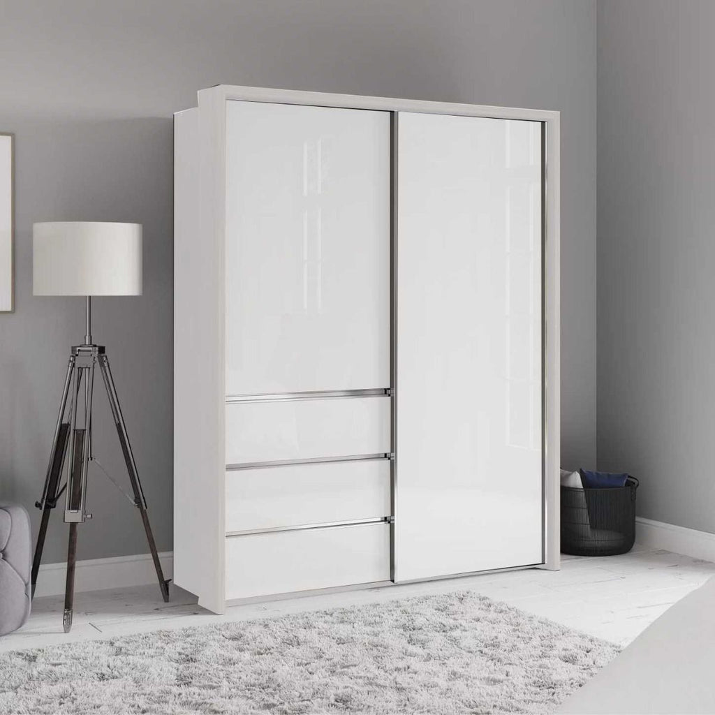 Oakwood Wiemann Pacific 175cm 2 White Glass Sliding Doors Wardrobe with 3 Drawers