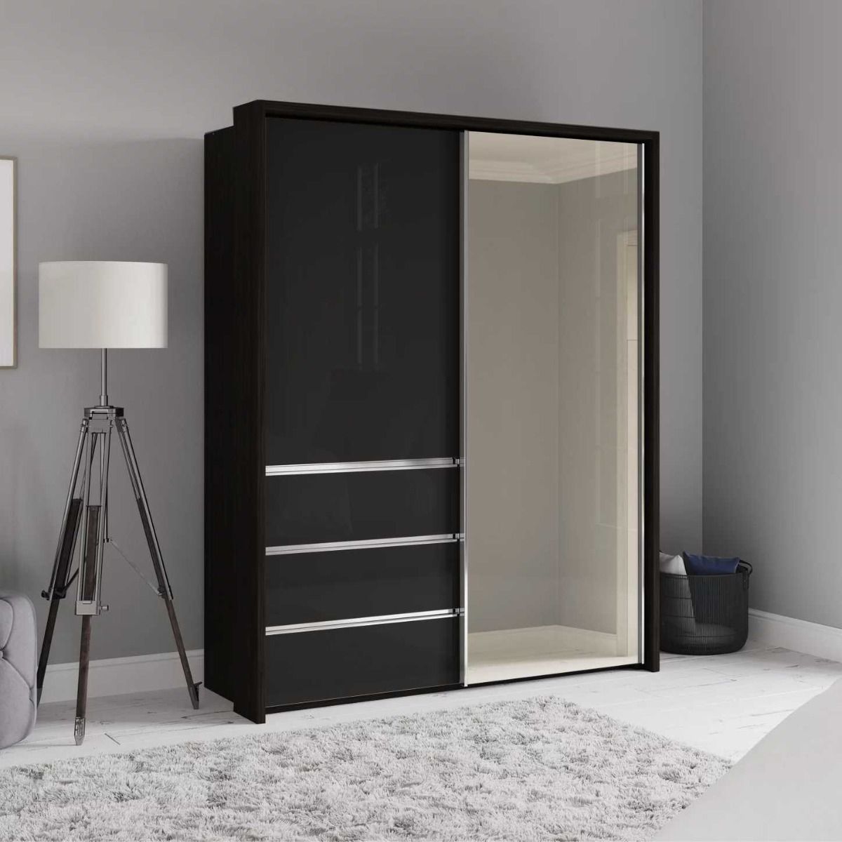 Oakwood Wiemann Pacific 175cm 2 Graphite Glass Doors Sliding Wardrobe with 3 Drawers With Mirror