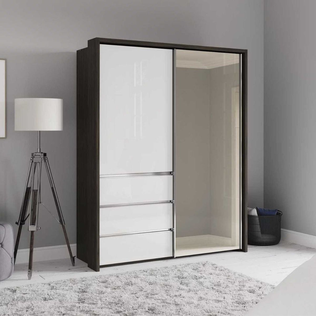 Oakwood Wiemann Pacific 175cm 2 White Glass Doors Sliding Wardrobe with 3 Drawers With Mirror
