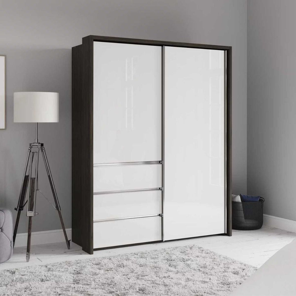 Oakwood Wiemann Pacific 175cm 2 White Glass Doors Sliding Wardrobe with 3 Drawers