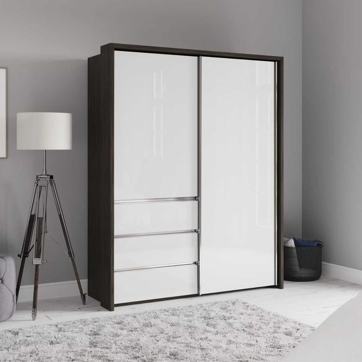Oakwood Wiemann Pacific 175cm 2 White Glass Doors Sliding Wardrobe with 3 Drawers