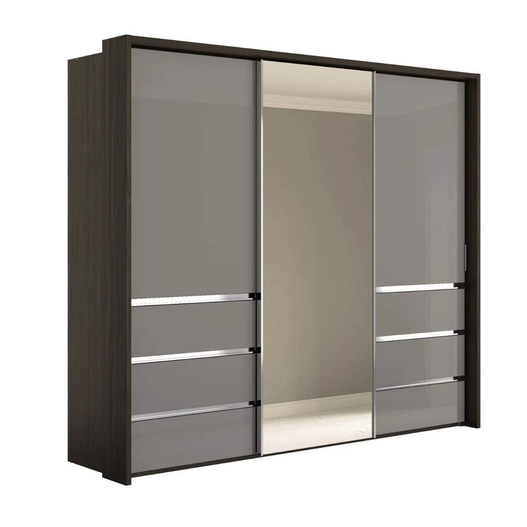 Oakwood Wiemann Pacific 260cm 3 Door Pebble Grey & Mirror Glass Sliding Wardrobe with Drawers at Left and Right