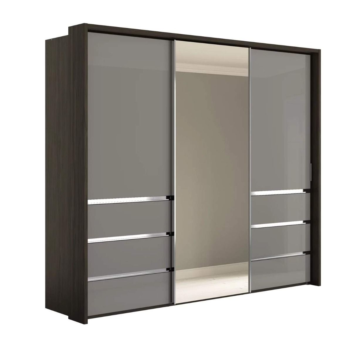 Oakwood Wiemann Pacific 260cm 3 Door Pebble Grey & Mirror Glass Sliding Wardrobe with Drawers at Left and Right