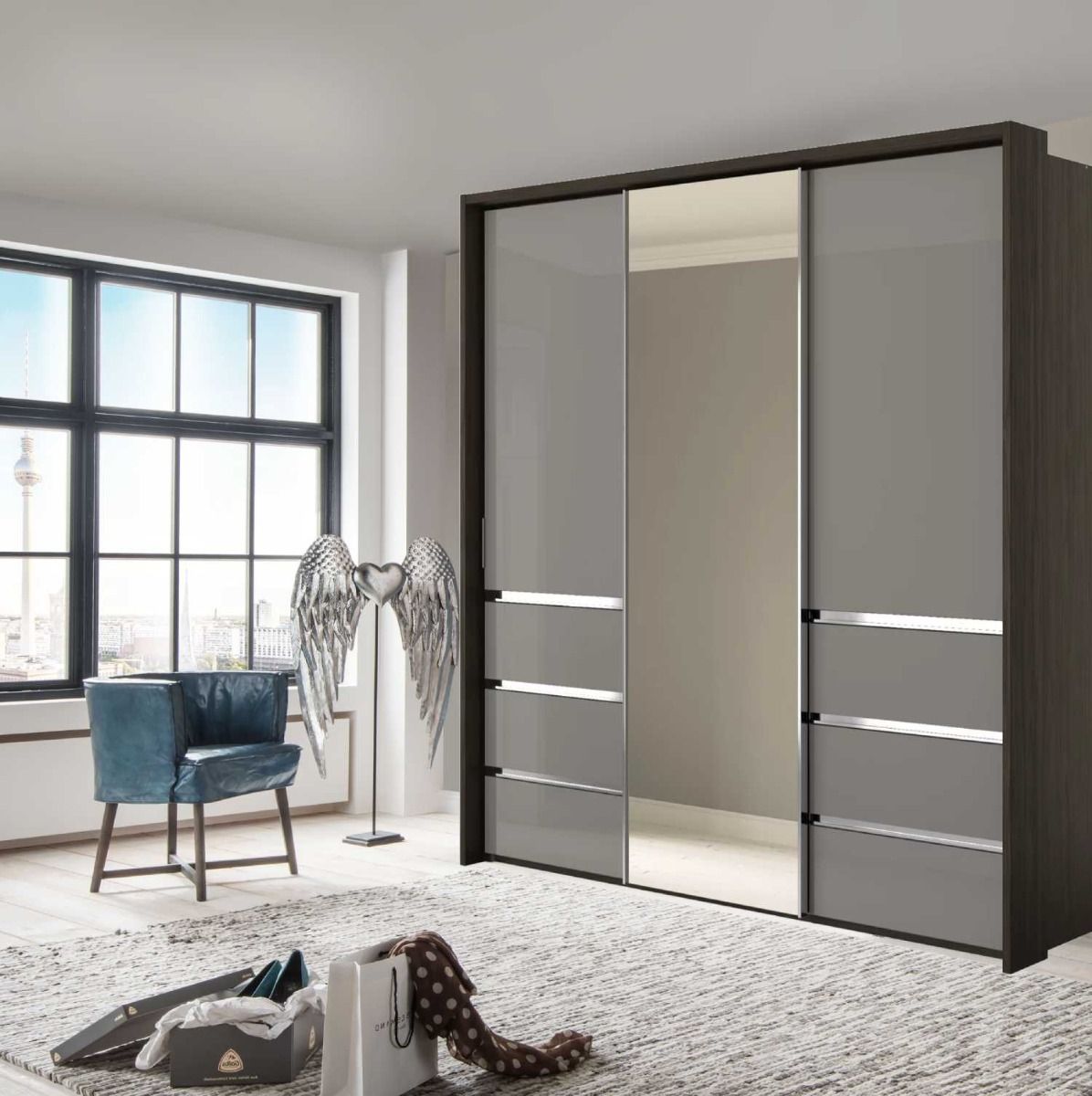 Oakwood Wiemann Pacific 260cm 3 Door Pebble Grey Glass Sliding Wardrobe with Drawers at Left and Right
